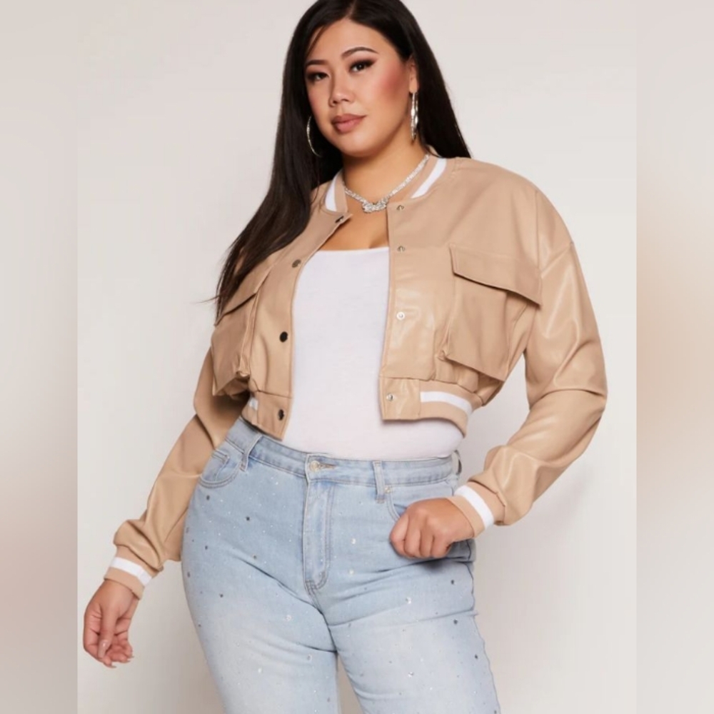 Plus Size Faux Leather Cargo Cropped Bomber Jacket - tan